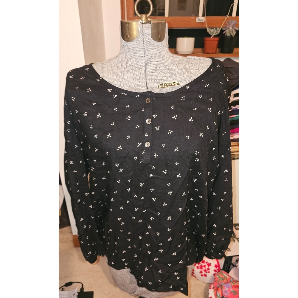 Black Button Flowy Patterned Blouse